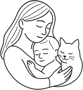 Mammamia — mãe abraçando bebê e gato